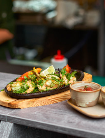 Traditional Mexican beef fajitas on fire in the kitchen, also called alambre.の写真素材