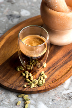 Pistachio coffee served in a cafe bar with gray background. Healthy drink, detox drink.の写真素材