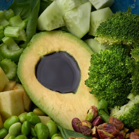 Healthy green vegetarian buddha bowl salad with grilled vegetables and quinoa, avocado, brussels...