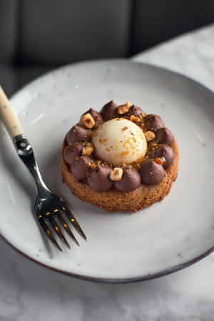 Chocolate caramel pie with nuts in a white plate on a marble background.の写真素材