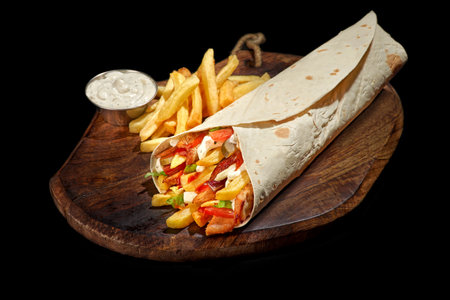 chicken shawarma, doner kebab burrito filling for, fries and chicken with pita bread, dish on a tray healthy snack, copy space, food background, for menus and ads. close-upの写真素材