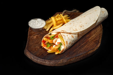 shawarma vegetable and french fries on wooden tray, doner kebab burrito filling burrito veggie pita, copy space, food background, veganism food, close upの写真素材
