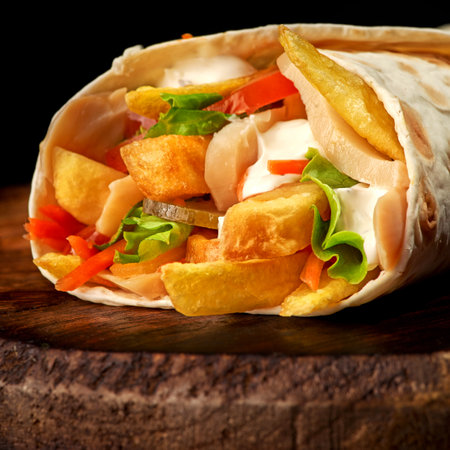 shawarma vegetable, doner kebab burrito filling burrito veggie pita, dish on a tray healthy snack, copy space, food background, veganism food, close upの写真素材