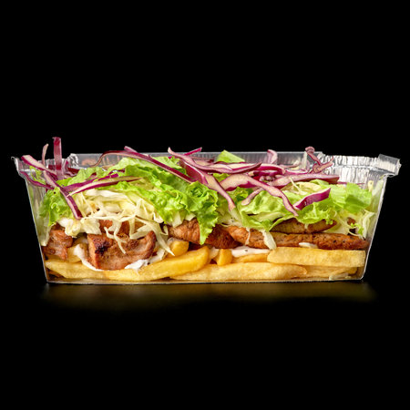 Chicken Tray salad in a aluminum box to take away, Sectional view. Cabbage, french fries, meat All the ingredients are laid out in layers for a better visual experience.の写真素材