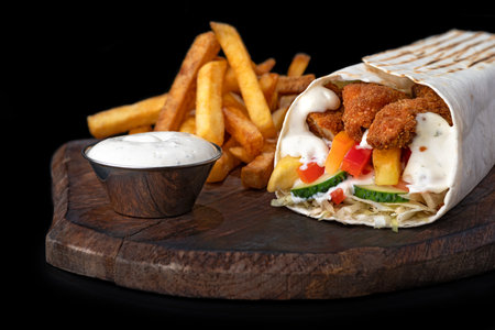 shawarma nuggets, doner kebab burrito filling, french fries and chicken with pita bread, dish on a tray, copy space, food background, for menu and advertising. close upの写真素材