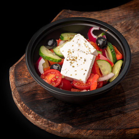 Fresh Greek salad with pepper, tomato, olive, feta cheese. To Go Salad in a black bow, dish on a tray, copy space, food for menu and advertising. close upの写真素材