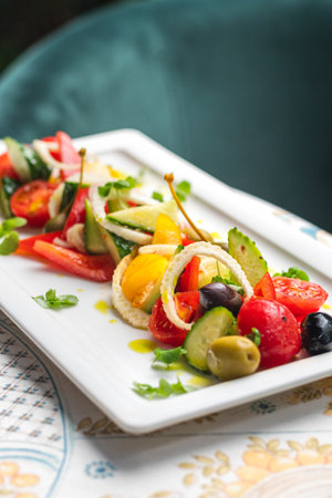 Salad with tomato, italian ricotta cheese and basilの写真素材