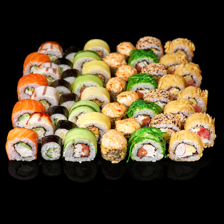 Set of different types of sushi rolls. Ready square restaurant menu banner.の写真素材