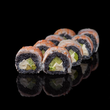 Black Dragon roll with eel, avocado, cucumber, cream cheeseの写真素材