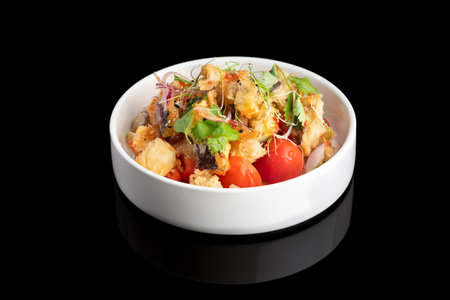 Japanese shrimps salad Ebi salad in bowl on a black background with reflection. menu restaurant.の写真素材