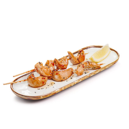 Spicy deep fried Shrimps with chili Sauce Kimchi on white. For the restaurant menu. Traditional Japanese sushi seasoning. healthy eatingの写真素材