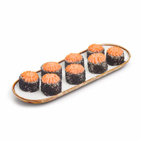 Baked uramaki sushi rolls set with Rice, Nori, Chips, Japanese Mayonnaise, Masago Roe, Cucumbers. Japanese cuisine. Seafood dish. white background.の写真素材