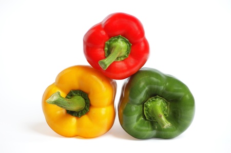 Red, yellow and green pepper on the white backgroundの写真素材