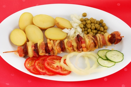 Spit with side dish on red tablecloth. Finished food.の写真素材