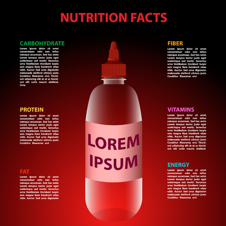 Vector illustration of bottle with red background and place for description about nutrition factsのイラスト素材