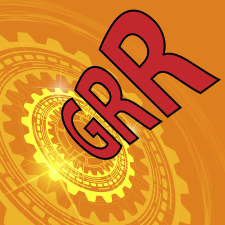 Gauge repeatability and reproducibility study background. Orange industrial background with gear and red title GRRのイラスト素材