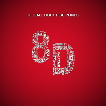 Global eight disciplines typography background. Dark background with main title 8D filled by other words related with global eight disciplines methodのイラスト素材