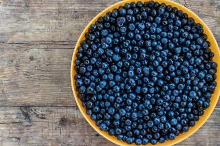 A bowl of blueberries on a rustic wooden table. Forest berries on an old tableの写真素材