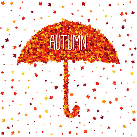 Autumn color vector greeting card with umbrella of orange scattered maple leaves.のイラスト素材