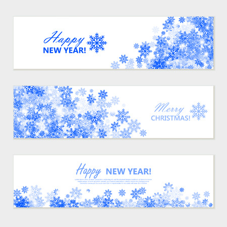Happy New Year and Merry Christmas Glowing horizontal white Banners set. Vector illustration with Blue Snowflakes.のイラスト素材