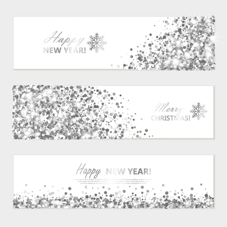 Happy New Year and Merry Christmas Silver Glowing horizontal white Banners set. Vector illustration.のイラスト素材