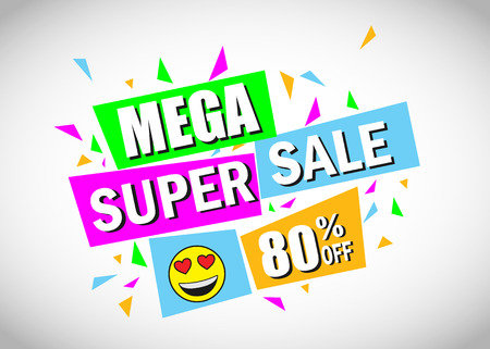 Mega super sale banner with emoticon. Colorful vector concept.のイラスト素材