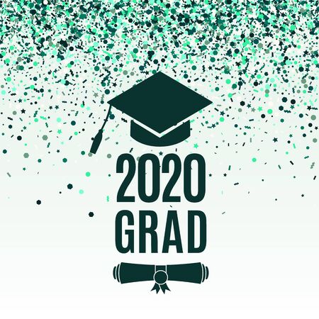 Grad 2020 class of greeting card with scroll, hat on greenery background with falling emerald confetti for invitation, banner, poster, postcard. Vector illustration. All isolated and layeredのイラスト素材