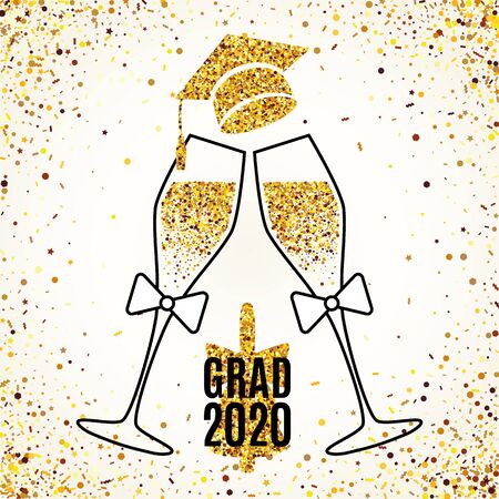 Grad 2020 greeting card with two glasses of champagne, hat, bell, scattered golden confetti for invitation, web banner, poster, postcard. Vector illustration template. All isolated and layeredのイラスト素材
