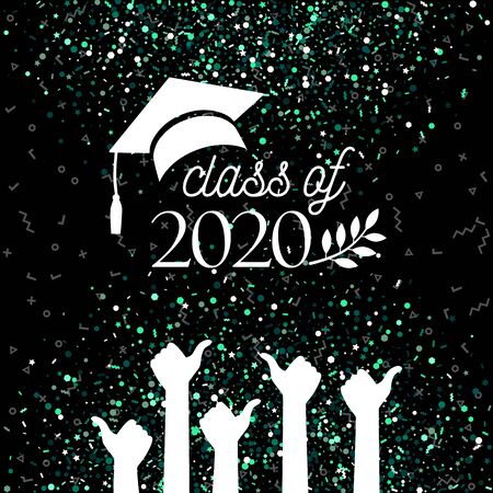 Class of 2020 graduate banner with hat, laurel, hands with thumbs up sign as like on confetti background for invitation, greeting card, poster, postcard. Vector graduation templateのイラスト素材