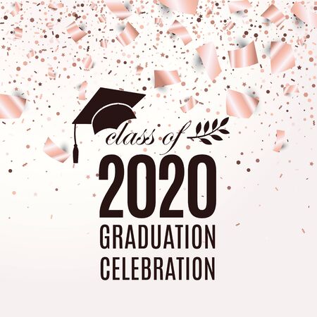 Class of 2020 graduation greeting card with hat, laurel on blush rose backdrop with flying foil papers and confetti for invitation, banner, poster, postcard. Vector template. All isolated and layeredのイラスト素材