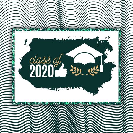 Class of 2020 graduate greeting card with hat, thumb up hand, laurel, brush stroke on waves background for invitation, banner, poster, postcard. Vector graduation template. All isolated and layeredのイラスト素材