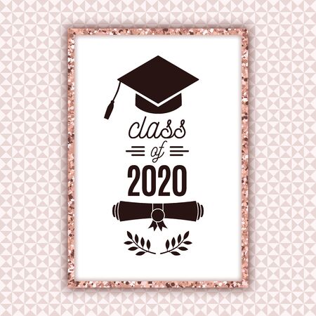 Class of 2020 graduate poster with hat, scroll, laurels on pale pink seamless triangle background for invitation, banner, greeting card, postcard. Vector graduate template. All isolated and layeredのイラスト素材