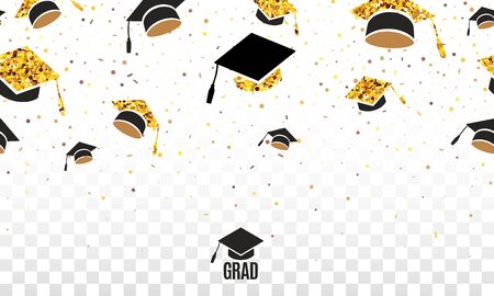 Grad class of 2020 border with golden hats thrown up on the air on checkered transparent background. Festive vector illustration with confetti. Seamless border on horizontalのイラスト素材