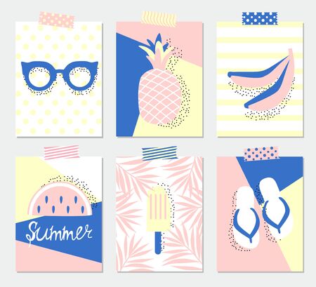 Set of six summer greeting cards with pineapple, watermelon, ice cream, beach sandals, palm leaves, bananas and sunglasses. Poster design templates.のイラスト素材