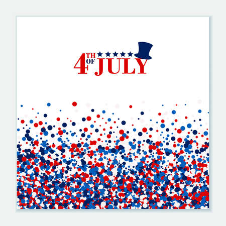 4th of July festive greeting card with top hat, stars. American Happy Independence Day design concept with scatter circles in traditional American colors - red, white, blue. Isolated.のイラスト素材