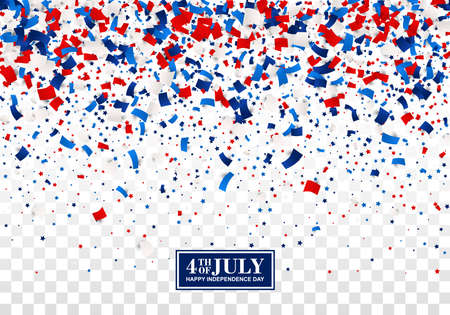 4th of July seamless festive design concept for Independence Day with scatter paper, stars in national American colors - red, white, blue. Isolated.のイラスト素材