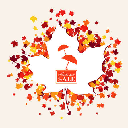 Autumn sale banner of white maple leaf  with umbrellas in center in traditional Fall colors - orange, yellow, red, brown. Vector illustration with scattered maple leaves. Isolatedのイラスト素材