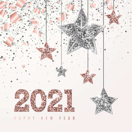 2021 Glowing Banner with Numbers and Hanging Rose Gold and Silver Stars on blush Background with scattering confetti and foil paper. Vector illustration. All isolated and layeredのイラスト素材