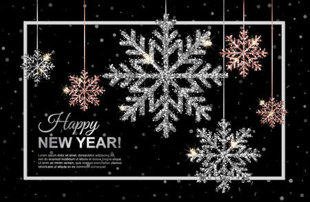 New Year banner with rose gold and silver shimmer hanging snowflakes on black background. Vector illustration. Winter template design for posters, flyers, brochures, vouchers. All isilated and layeredのイラスト素材
