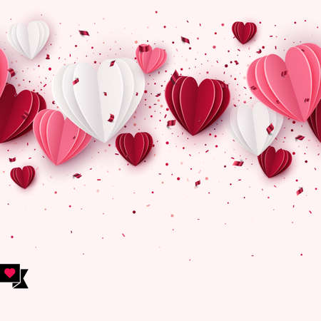White, pink, red paper hearts border and foil confetti on blush background. Paper cut decorations for Valentine's day design. Seamless border on horizontal. Vector illustrationのイラスト素材