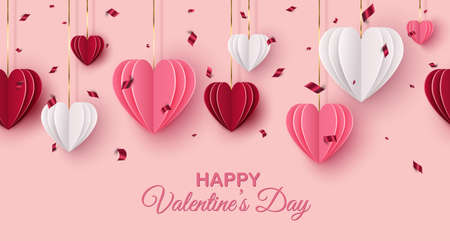 Happy Saint Valentine's day web banner. Hanging red, pink, white paper cut hearts on blush background. Decorative holiday banner, festive poster, romantic flyer. Vector illustrationのイラスト素材
