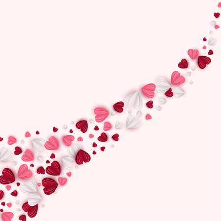 Hearts tale in red, rose pink and white colors on pale rose background. Paper cut decorations for Valentines day design. Vector illustrationのイラスト素材