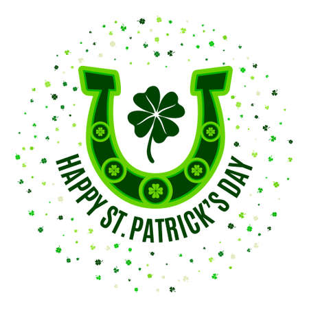 Happy Saint Patrick's Day poster with green horseshoe, four leaves clover, scattered in a circle shamrocks isolated on white background.のイラスト素材