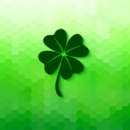 Four leaved clover with soft shadow. Vector lucky symbol isolated on bright green honeycomb...