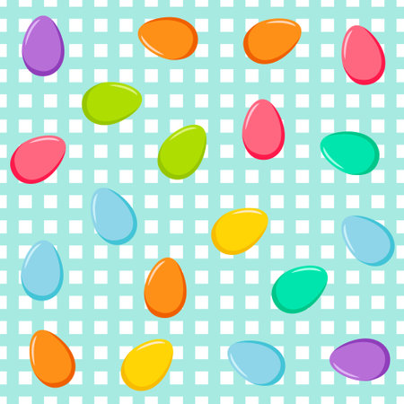 Vector seamless blue cell pattern with colorful eggs. Easter holiday background for web backdrop, printing on fabric, paper for scrapbooking, gift wrap.のイラスト素材