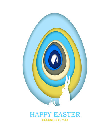 3d Easter greeting card with carving egg and bunny in paper art style. Origami vector concept. All isolated and layeredのイラスト素材