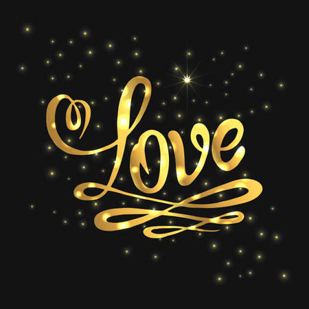 Love hand lettering with sparkle effect. Handmade calligraphy inscription. Golden isolated love flourish. Vector element for your Valentines design, card, invitation, wedding, birthday.のイラスト素材