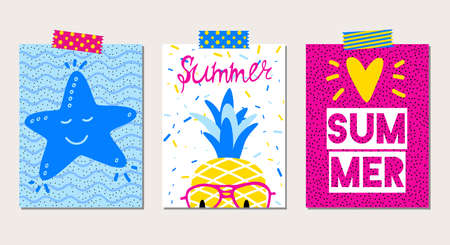 Set of vector bright summer cards with starfish, pineapple and hand written text.のイラスト素材