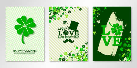 St Patrick's Day greeting cards set with clover and shamrock confetti. Three vector flyer design templates for banners, invitations, greeting cards, certificates. All isolated, layeredのイラスト素材