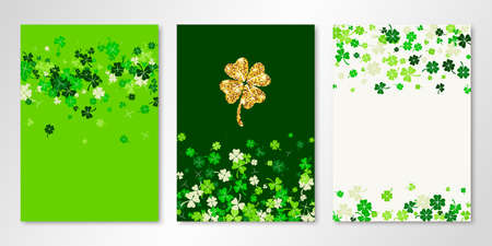 Green, dark green and creamy colors of greeting cards set with golden clover and shamrock confetti. Three vector flyer design templates for banners, invitations, certificates. All isolated, layeredのイラスト素材